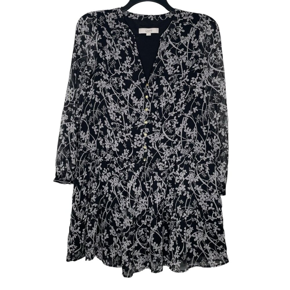 LOFT Floral Drop Waist Dress Size Small Tiered V Neck Sheer Sleeve Womens